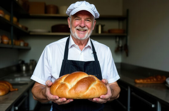 Elderly smiling man baker holds the fresh  bread in hands