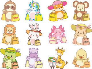 Fototapeta premium Set Vector Stock Illustrations Isolated of Baby Animals. Cute animals with various activities. Funny sticker of animal kids.