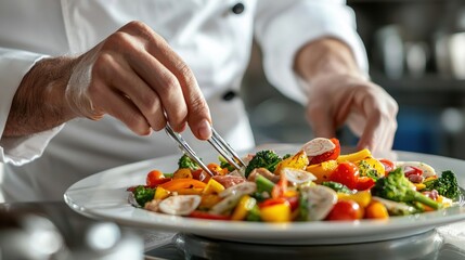 Chef Preparing a Vibrant Vegetable and Meat Salad