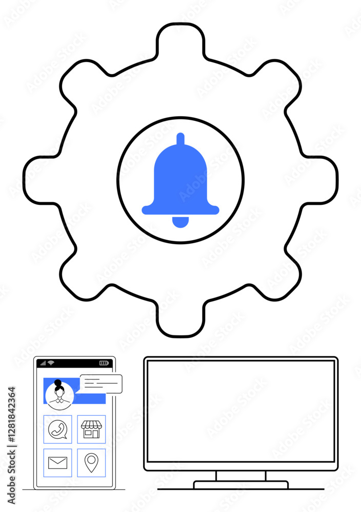 Poster notification bell inside a gear, mobile interface with app icons, and a desktop computer. ideal for 