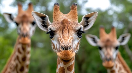 Three giraffes, close-up, wildlife park, blurred background, nature photography