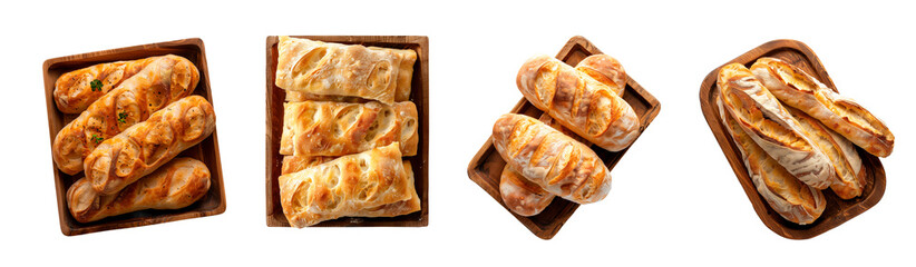 Various ciabatta bread loaves stacked in wooden trays on a transparent background. Freshly baked Italian bread with a crispy crust and porous interior.