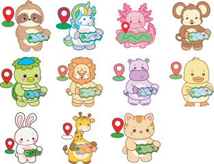 Obraz premium Set Vector Stock Illustrations Isolated of Baby Animals. Cute animals with various activities. Funny sticker of animal kids.
