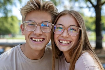 Happy young friends smiling together outdoors in park