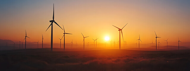 Obraz premium A cinematic still of wind turbines in the distance, sunset 