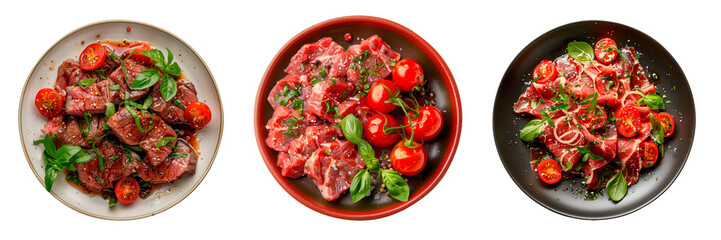 Beef tagliata with cherry tomatoes, fresh basil, and black pepper on a transparent background. Italian sliced steak with Mediterranean herbs and olive oil, gourmet dish.