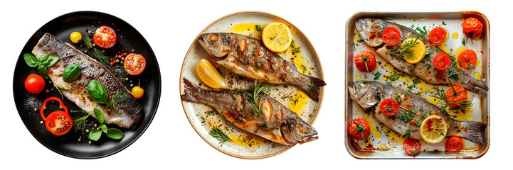 Grilled whole fish with cherry tomatoes, lemon slices, and herbs on a transparent background....