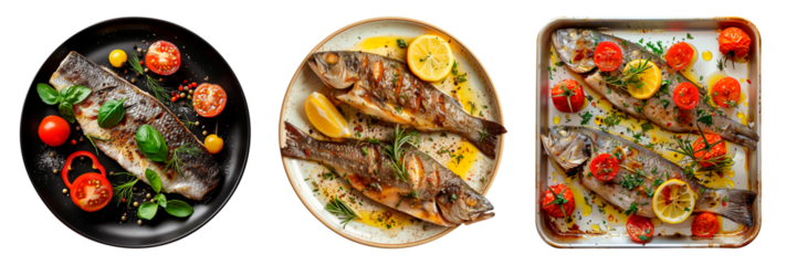 Grilled whole fish with cherry tomatoes, lemon slices, and herbs on a transparent background. Roasted seafood dish with aromatic spices and fresh ingredients.