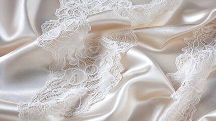 Delicate lace overlay on a satin background, combining femininity and elegance: A close-up of exquisite lace patterns overlaying smooth satin fabric, highlighting intricate floral motifs and the
