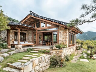 Fototapeta premium Korean style house with stone walls and wooden frame