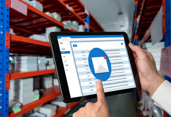 Email notification message showing on computer screen snugly. Digital marketing message information text from business to customer client
