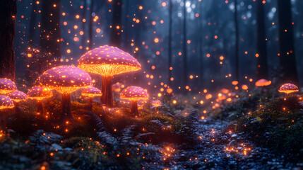 Magical Forest Scene with Glowing Mushrooms and Floating Particles for Mental Health Awareness in Vibrant Surreal Style