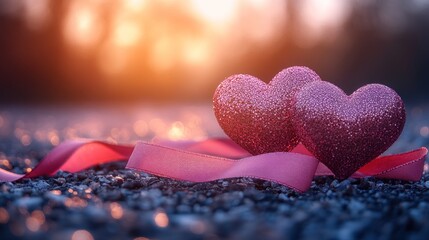 Fototapeta premium Sunset romance Two hearts, ribbon, ground