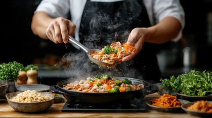 A skilled chef captures a moment of culinary creativity as they sauté vibrant vegetables and seasonings in a sizzling skillet, showcasing the art of cooking in a bustling kitchen environment.
