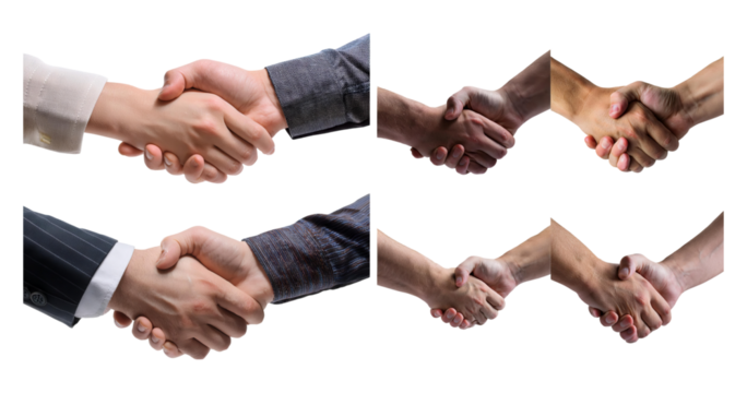 Various Hands Engaging in Handshake in Multiple Perspectives, isolated on transparent background