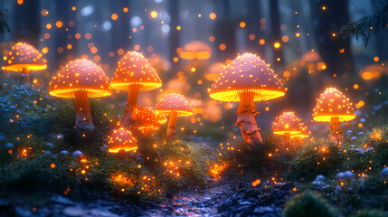 Magical Forest Scene with Glowing Mushrooms and Floating Particles for Mental Health Awareness in Vibrant Surreal Style
