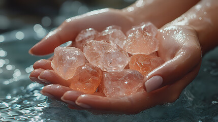 Close-Up Photorealistic Spa Relaxation Concept with Hands Holding Crystal Stones and Water Droplets on Marble Background