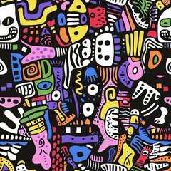 Vibrant Abstract Doodle Pattern Colorful Geometric Shapes Seamless Texture Bold Modern Design Artistic Background Illustration Digital Print Textile Fabric Wallpaper Graphic Design Element  