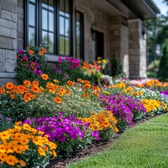 Vibrant floral display in a garden bed near a stone house showcasing colorful blossoms and lush greenery in a serene outdoor setting