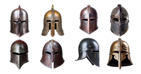 Various Antique Helmets Displaying Craftsmanship and Historical Styles, isolated on transparent background
