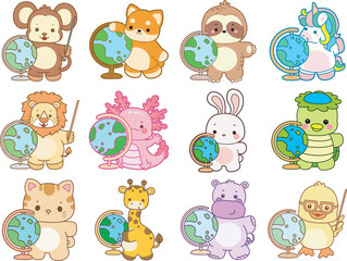 Set Vector Stock Illustrations Isolated of Baby Animals.
Cute animals with various activities.
Funny sticker of animal kids.