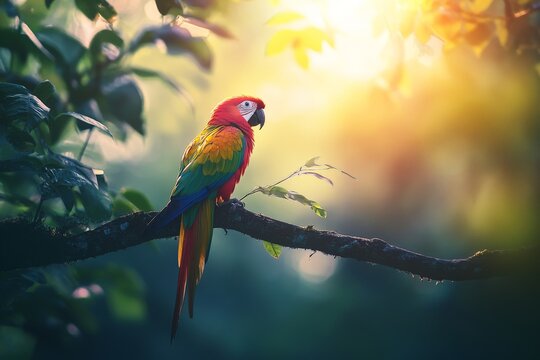 A colorful parrot perched on a tree branch in a tropical rainforest, vibrant sunlight illuminating its feathers while the background fades into soft, diffused light,
