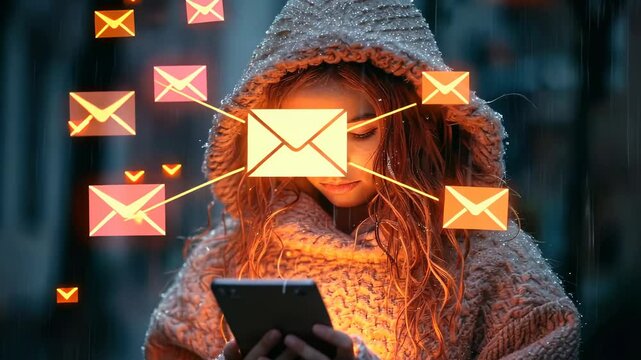 Communication symbol: visual representation with envelopes portraying mobile texting, messenger conversations, email correspondence, emphasizing seamless flow of chatting and digital interaction.