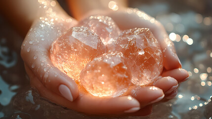 Close-Up Photorealistic Spa Relaxation Concept with Hands Holding Crystal Stones and Water Droplets on Marble Background