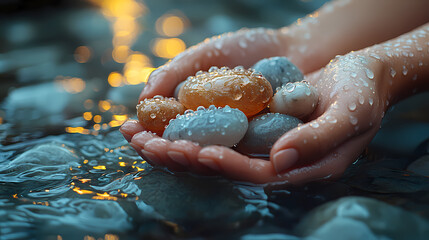 Close-Up Photorealistic Spa Relaxation Concept with Hands Holding Crystal Stones and Water Droplets on Marble Background