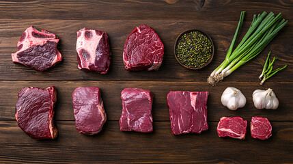 Gourmet Raw Beef Cuts Arranged with Fresh Herbs on Dark Wooden Surface