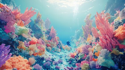 Naklejka premium A colorful underwater scene showcasing vibrant coral reefs, tropical fish, and a scuba diver exploring the ecosystem, sunlight filtering through the water