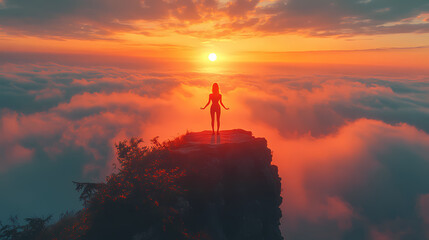 Silhouette of Woman Practicing Yoga on Mountain Cliff During Golden Hour Sunrise with Ethereal Fog and Soft Brush Strokes