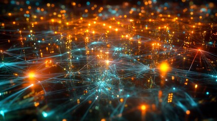 Obraz premium A conceptual image of a glowing network of nodes and connections overlaying a futuristic cityscape at night, symbolizing global connectivity