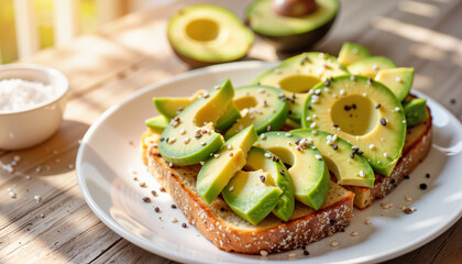 Avocado toast topped with fresh slices on wooden table