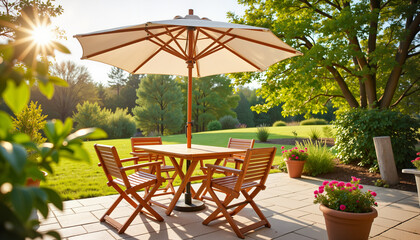 Obraz premium Outdoor patio dining set under a spacious umbrella