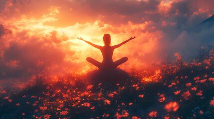Silhouette of Woman Practicing Yoga on Mountain Cliff During Golden Hour Sunrise with Ethereal Fog and Soft Brush Strokes