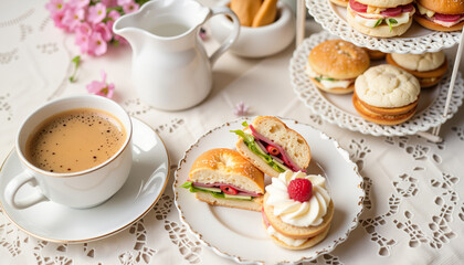 Coffee and pastries on lace tablecloth with flowers