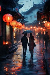 Naklejka premium A couple walking along a cobblestone street at dusk, hand in hand, with glowing red lanterns lining the way and soft rain falling