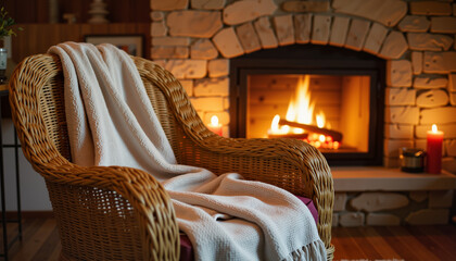 Fototapeta premium Cozy armchair with white blanket by the fireplace