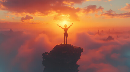 Silhouette of Woman Practicing Yoga on Mountain Cliff During Golden Hour Sunrise with Ethereal Fog and Soft Brush Strokes