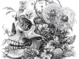 Stylish black and white drawing, pencil, skull with flowers.