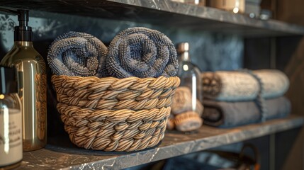 Obraz premium Cozy Bathroom Setup with Rolled Towels and Stylish Accessories