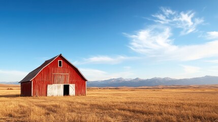 A classic red barn stands in an expansive golden field, with majestic mountains looming in the background, epitomizing the tranquil beauty of rural landscapes.