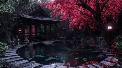 Serene Japanese Garden at Dusk: Koi Pond, Pavilion, and Blossoming Tree