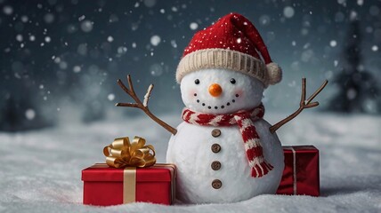 Christmas Snowman, Cute snowman holding Christmas gift in winter holiday scene, Close-up picture of snowman with hat and scraft isolated on winter background