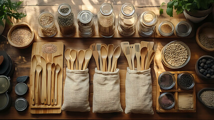 Zero-Waste Kitchen Flat Lay with Bamboo Utensils, Linen Bags, and Glass Jars on Rustic Wooden Table in Warm Sunlight