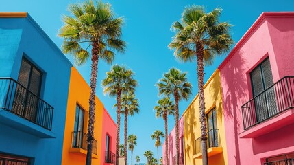 Naklejka premium Brightly colored buildings and palm trees against a clear blue sky