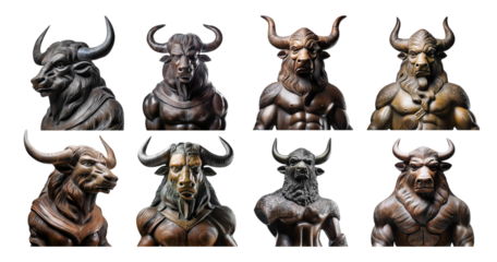 Detailed Sculptures of Mythical Bull Characters in Artistic Style, isolated on transparent background