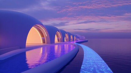 Modern architecture by serene water at sunset.