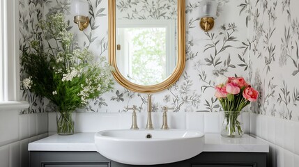 Elegant Powder Room with Floral Wallpaper and Gold Accents